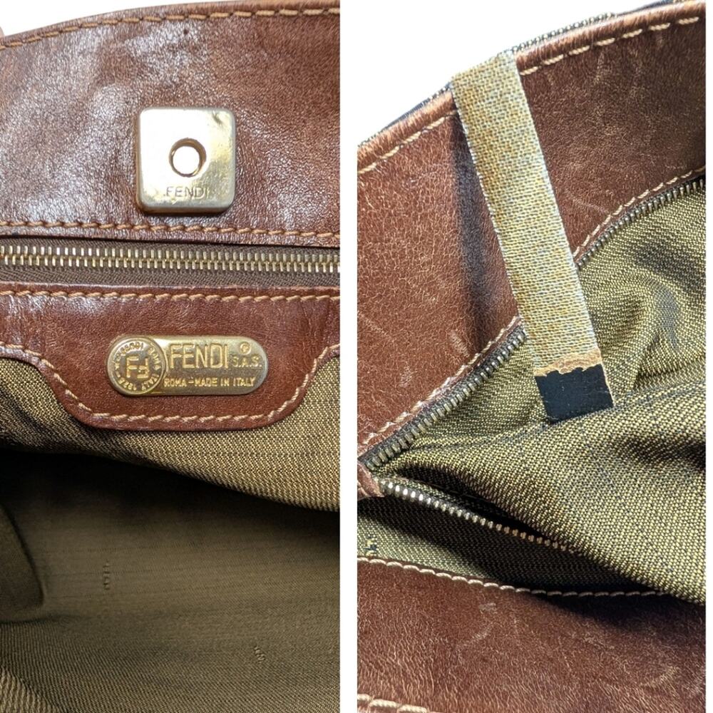Vintage Fendi Zucca Shoulder Bag Hobo Tobacco FF Gold Hardware Brown Black - Picture 10 of 12